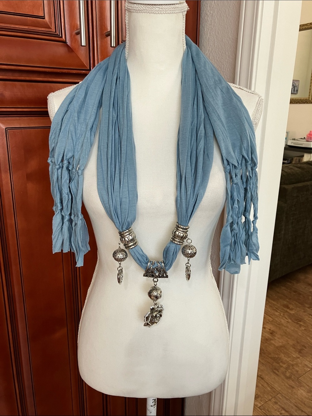 Boho Light Blue Scarf Necklace with Silver-Tone Charms